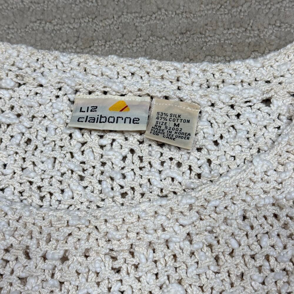 Liz Claiborne Vintage Silk Cotton Chunky Loose Knit Cream Crop Sweater Medium - Picture 7 of 11